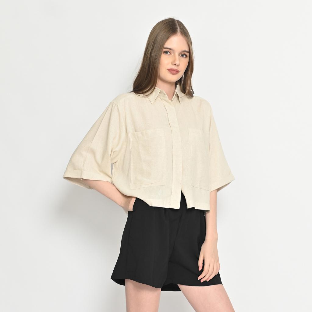 QUEENTIN Kemeja Blouse Crop Wanita 0326 Katun Linen Ecozy Lengan Pendek 3/4